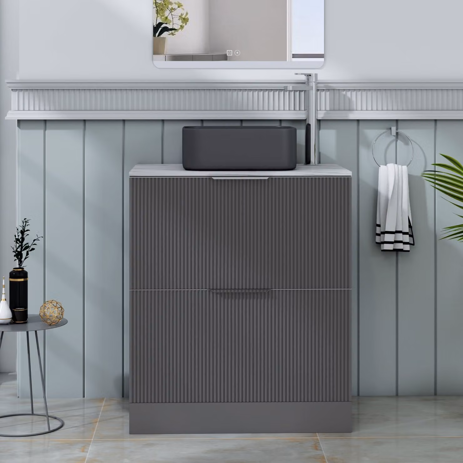 Royal Bathrooms Evora 700mm Graphite Grey Fluted Floor Standing Countertop Vanity Unit with 2 Drawers and Art Square Basin