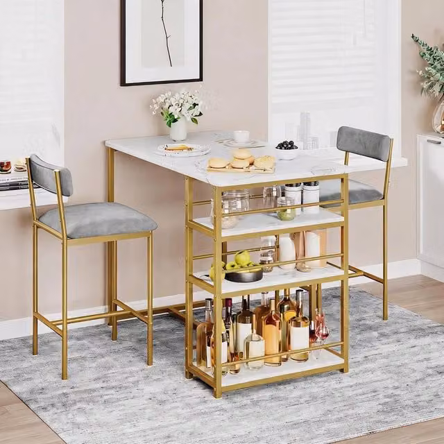 London Boutique 3-Piece Counter Height Bar Table and Chairs Set with 3 Shelves in Gold