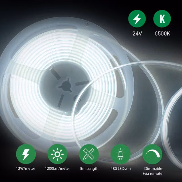 ENER-J COB LED Strip Light Kit, 5m, 24V, Cool White 6500K, Dimmable with UK Plug and Power Supply