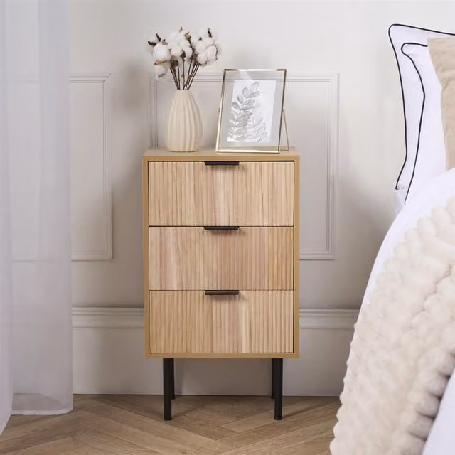 OHS Modern Ribbed 3-Drawer Bedside Table and Office Nightstand in Light Oak