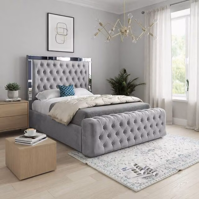 KDMD Redesdale Mirror Upholstered Designer Bed Frame in Grey Soft Velvet, Size: 180 x 200 cm
