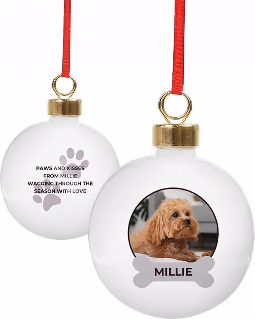 Personalised Memento Company Personalised Photo Upload Dog Christmas Bauble, White