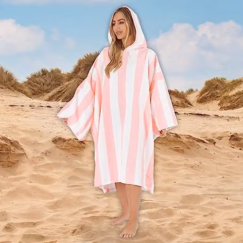 OHS Stripe Hooded Poncho Towel Bath Robe in Light Pink – 2