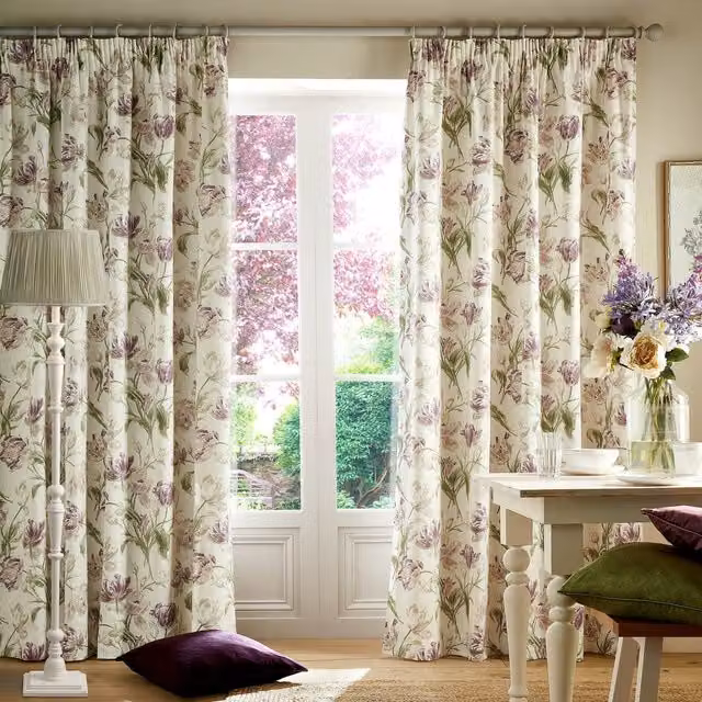 Laura Ashley Gosford Floral Cotton Ready Made Curtains in Purple and Green