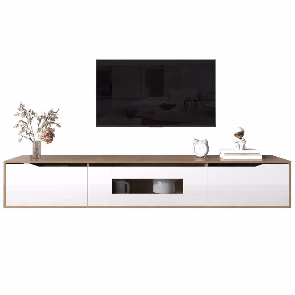 ModernLuxe High-gloss White TV Cabinet with Door and Colour-changing LED Lights, W: 180 cm, H: 35 cm, D: 35 cm – 2