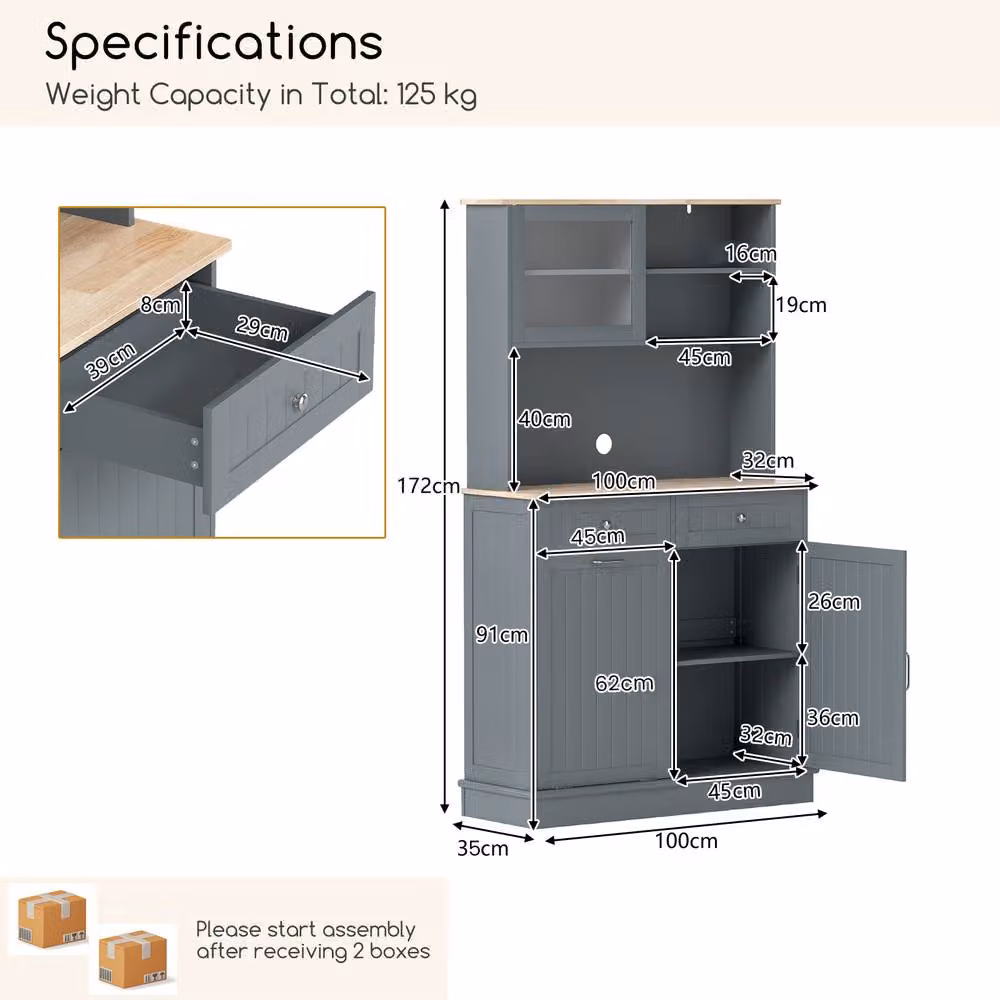 Costway Double Tilt Out Trash Cabinet with Hutch Kitchen Pantry Storage Cabinet in Grey – 2