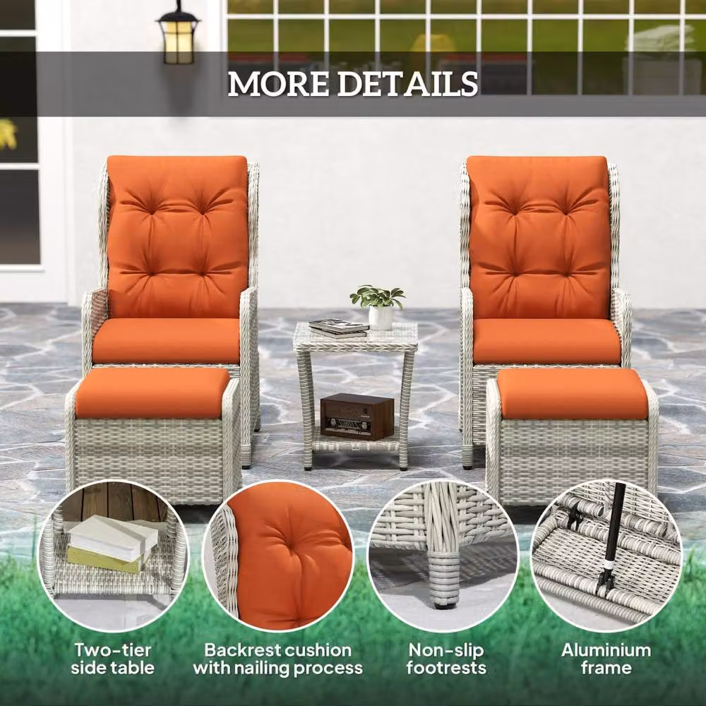 Wyld Haus Bapa 5 Piece Orange Rattan Reclining Bistro Set with Glass Top and Footstools – 4