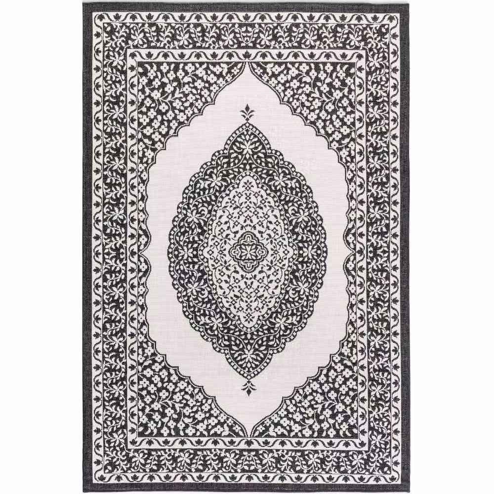 THE RUGS Gemini Reversible Indoor and Outdoor Polypropylene Medallion Rug in Black, W/D: 120 x 170 cm – 2