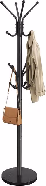 SONGMICS Modern Black Metal Coat Rack with Marble Base and Distributed Point Hooks, W: 30 cm, H: 158 cm, D: 30 cm