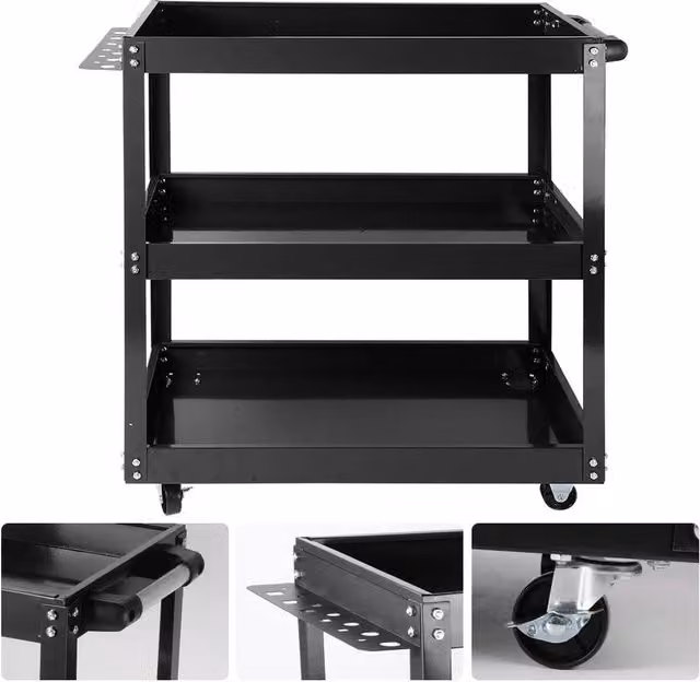FLAVORA 3 Tier Heavy Duty Rolling Tool Cart Storage Trolley, Black, W/D/H: 50 x 50 x 50 cm – 1