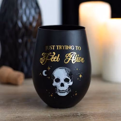 KDMD Trying to Feel Alive Stemless Wine Glass in Black and Gold – 3