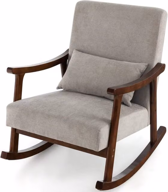 KORVIXA Grey Upholstered Wooden Rocking Armchair with Rubberwood Armrests