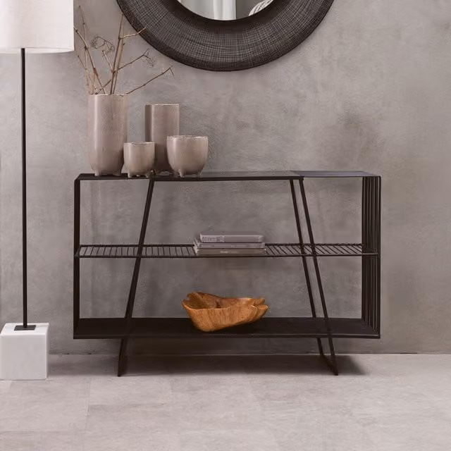 Orsina Modern Three Tier Console Table with Grey Glass Top and Black Metal Frame – 1