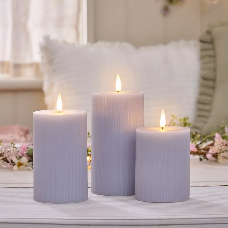 TruGlow Purple Ribbed LED Pillar Candle Trio with Remote Control, Timer and Flicker Effect