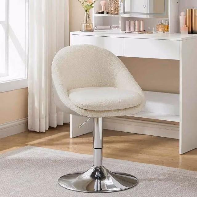 The Bazaarist Adjustable Swivel Office Vanity Chair in White and Silver with Bouclé and Synthetic Leather Finish