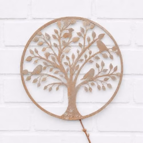 Melody Maison Rustic Metal Floral Tree and Bird Wall Plaque in White and Beige, 30 x 30 cm