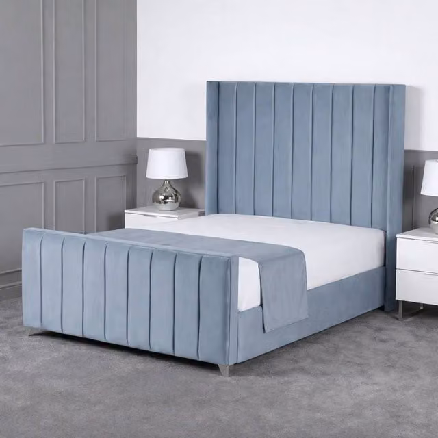Living Comfort Bedz Imperial Winged Gas Lift Storage Upholstered Velvet Bed in Light Blue, Size: Double (140 x 200 cm)
