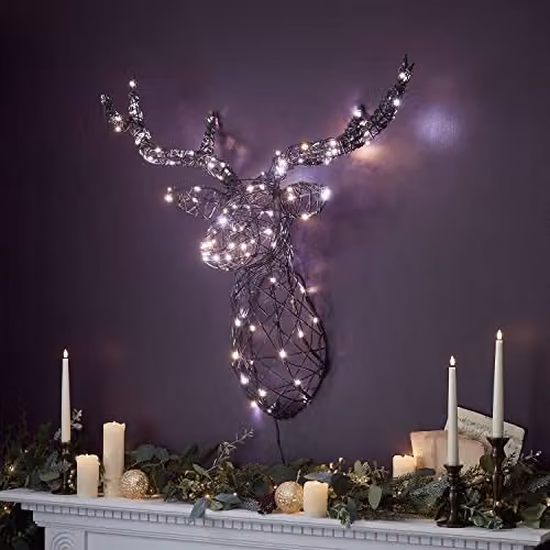 Lights4fun Rattan Reindeer Stag Head Christmas Decoration with 150 Dual Colour LEDs and Timer, Grey and White, W: 80 cm, H: 70 cm, D: 33 cm – 2
