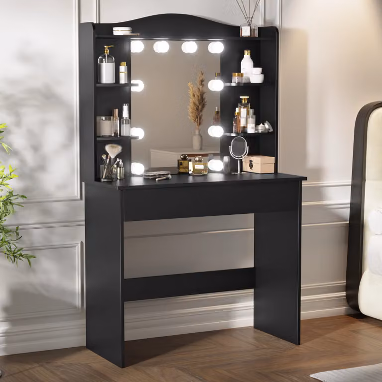 DHS Black Modern Dressing Table with Hollywood LED Mirror, W/D/H: 146 x 90 x 40 cm