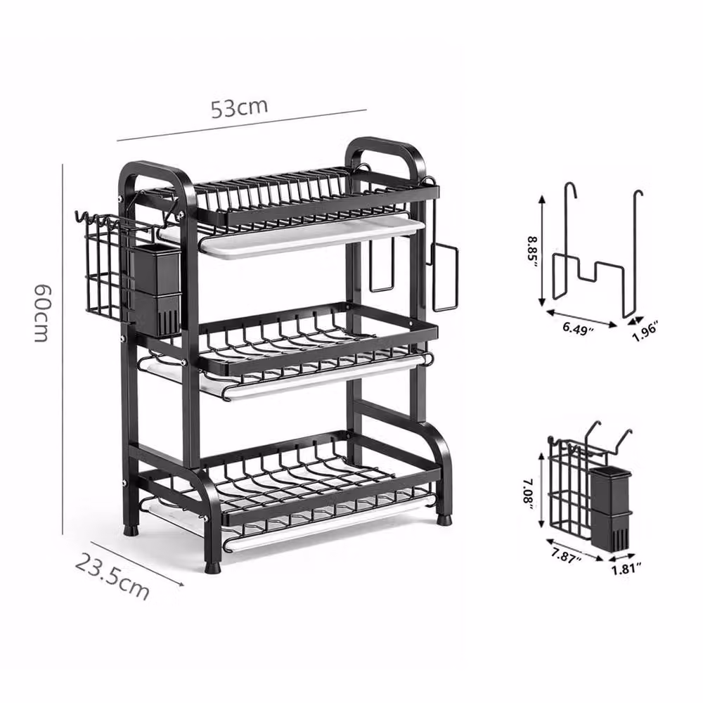 Kelvenix 3 Tier Dish Drying Rack Kitchen Drainer in Black with Cutlery Holder and Drip Tray – 2
