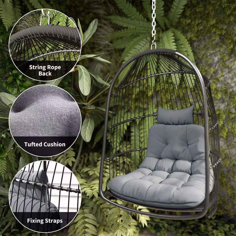 ERGOVEXA Foldable Rattan Hanging Egg Chair with 360 Degree Swivel and Cushions, Dark Grey – 9