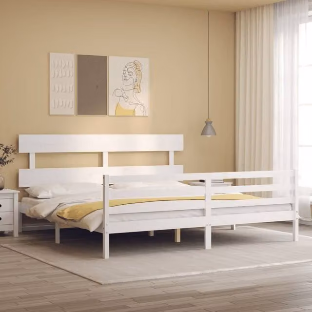 Berkfield Home Solid Wood Bed Frame with Headboard in White, 200 x 200 cm
