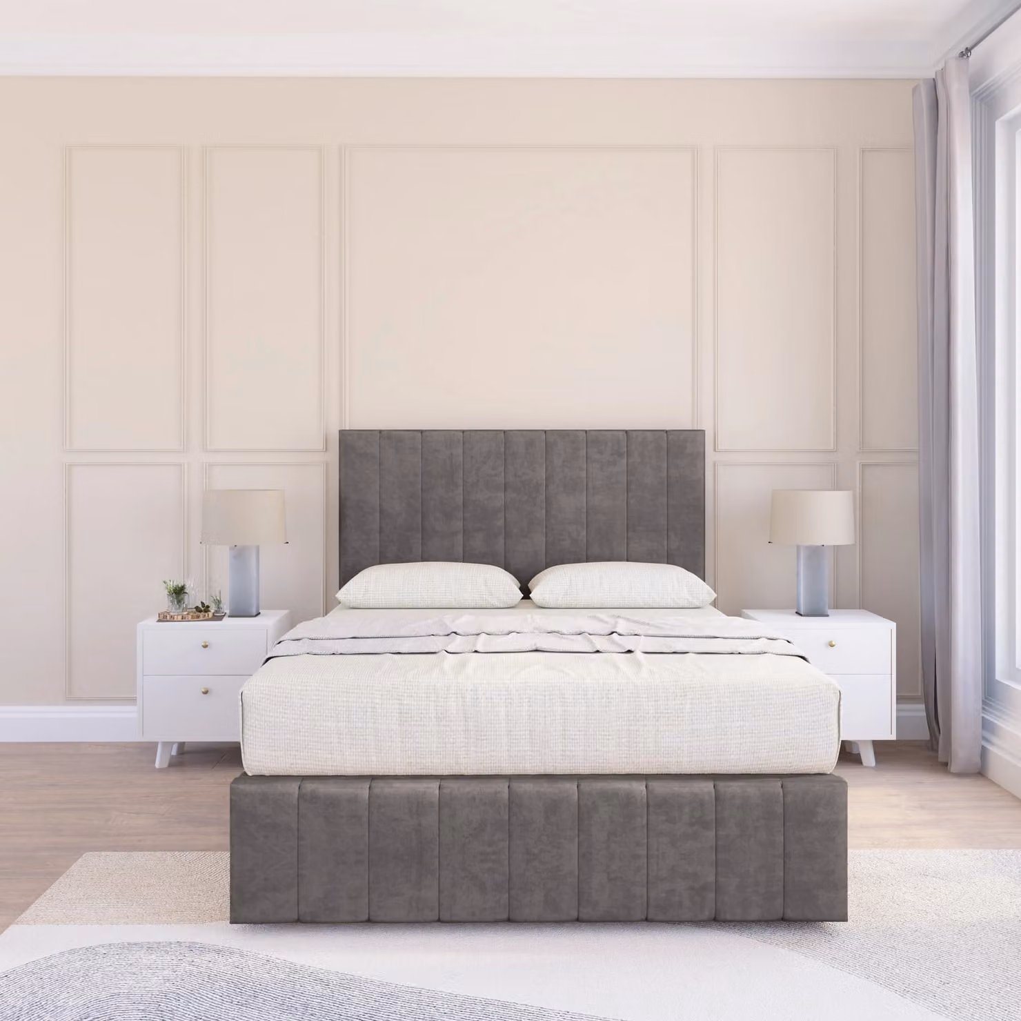Sloomy California Chesterfield Divan Bed Base in Grey Velvet, W/D/H: 140 x 200 cm