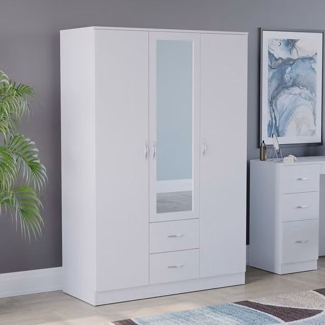 Vida Designs Riano White 3 Door 2 Drawer Mirrored Wardrobe H 170 x W 115 x D 53 cm