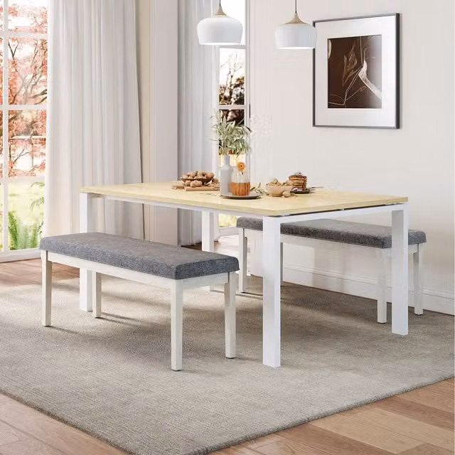 COSTWAY Modern Upholstered Dining Bench in Grey Fabric with Rubberwood Legs