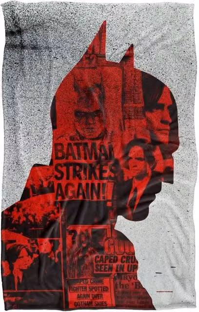 Warner Bros. The Batman (2022) News Clippings Collage Silhouette Silky Touch Polyester Blanket, Multicolour, Large