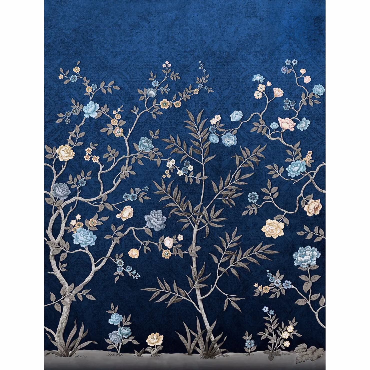 Grandeco Embroided Chinoiserie Floral and Botanical Mural in Blue, W: 2.80 m, H: 2.12 m – 3