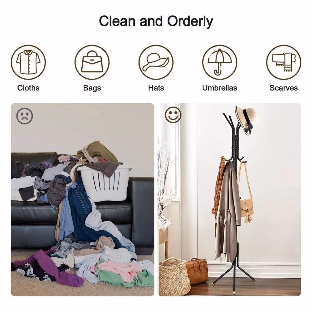 Kelvenix Modern Black Metal Coat Stand with 12 Hooks and Tripod Base, H 175 x W 45 x D 45 cm – 5