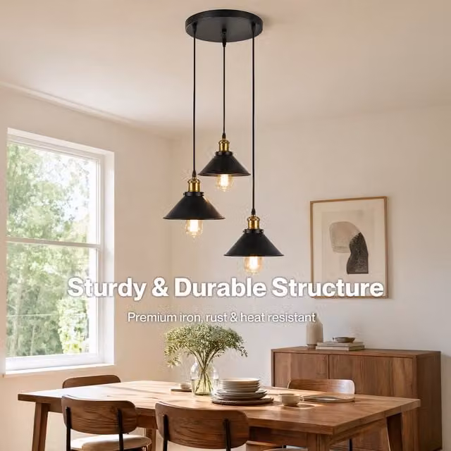 Emitto Industrial 3-Light Metal Pendant Light in Black and Gold/Brass, Height Adjustable