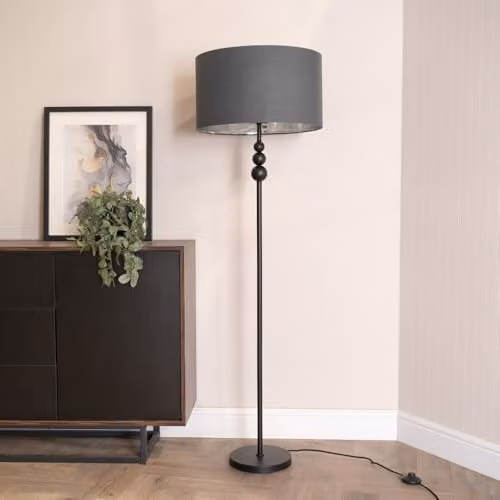 ValueLights Marissa Black Floor Lamp with Chrome and Charcoal Shade and Warm White Bulb – 2