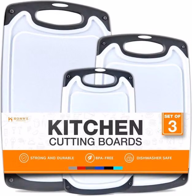 Dyzi 3 Piece Non Slip Grey Plastic Chopping Board Set with Handles and Grooves
