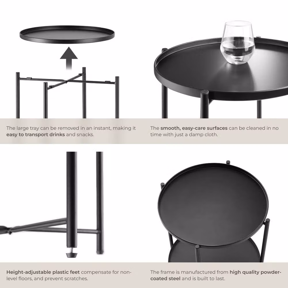 tectake Oxford Round Bedside Table with Glass Top and Metal Legs in Black – 4
