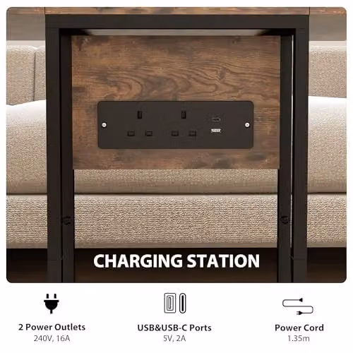 HOMCOM C Shaped Side Table with Charging Station in Rustic Brown and Black – 5