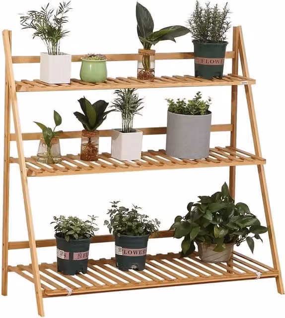 Kelvenix 3-Tier Folding Bamboo Plant Stand Display Rack in Brown, H 97.0 cm x W 39.0 cm x D 100.0 cm – 1