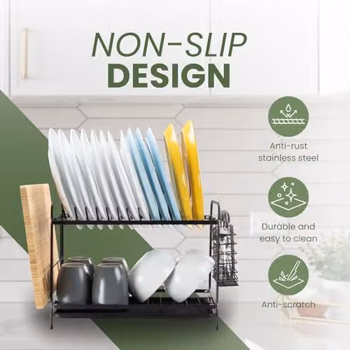 Tanness 2-Tier Black Dish Drainer Rack with Utensil Holder and Drip Tray, W/D/H: 30.0 x 21.0 x 21.0 cm – 2