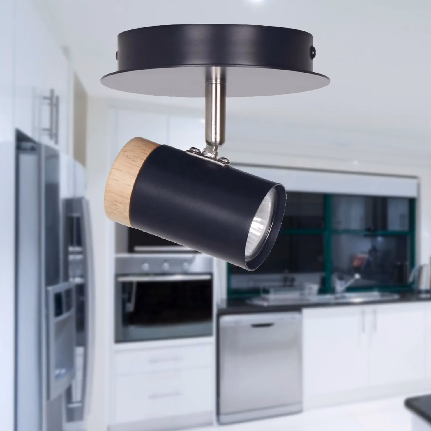 First Choice Lighting Stratton Single Ceiling Spotlight in Black with Wood Detail, Adjustable and Dimmable – 4