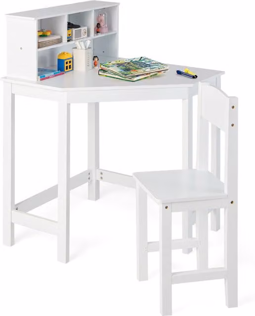 Costway Kids Corner Desk and Chair Set in White Pine Wood