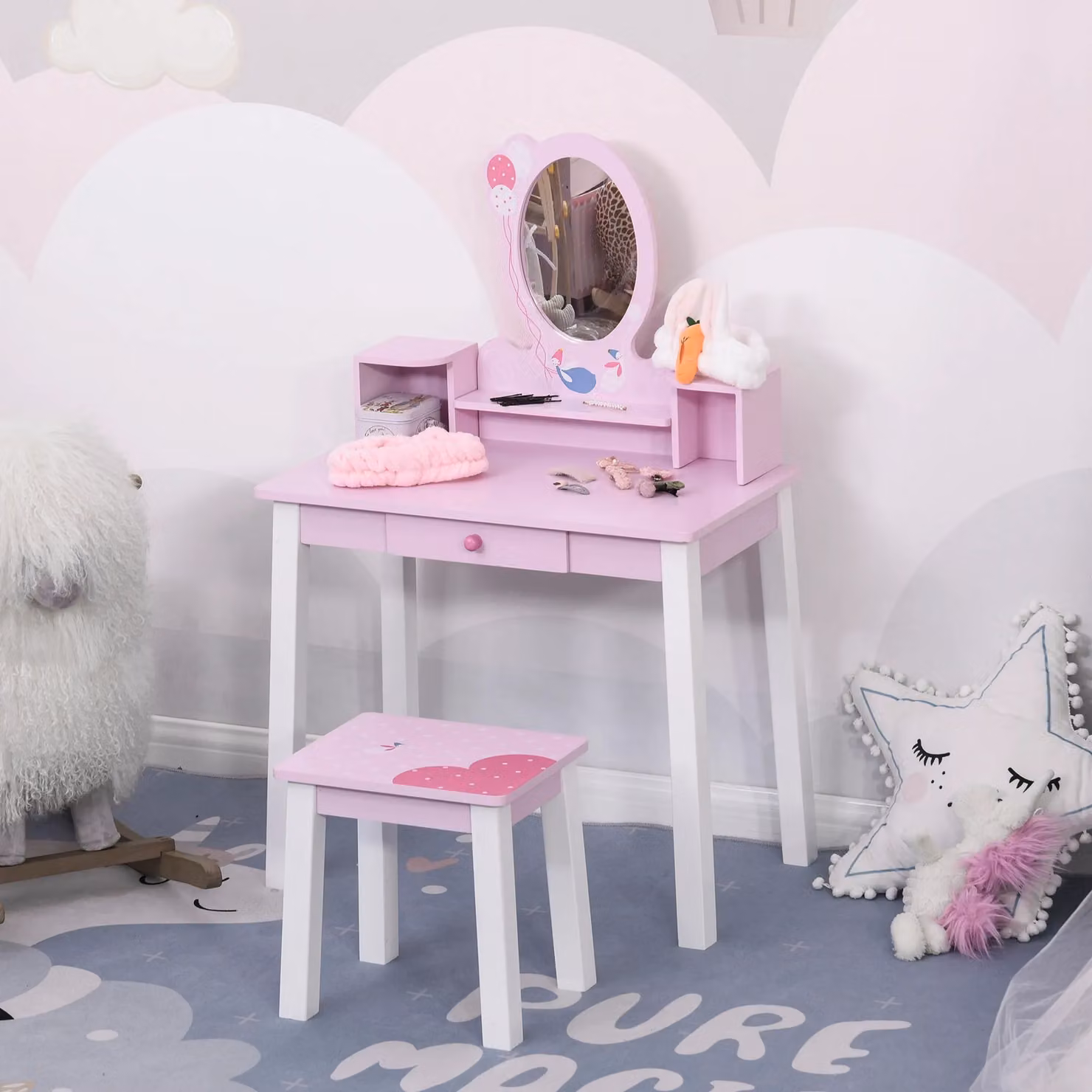 HOMCOM Kids Wooden Dressing Table and Stool Set with Mirror in Pink – 2