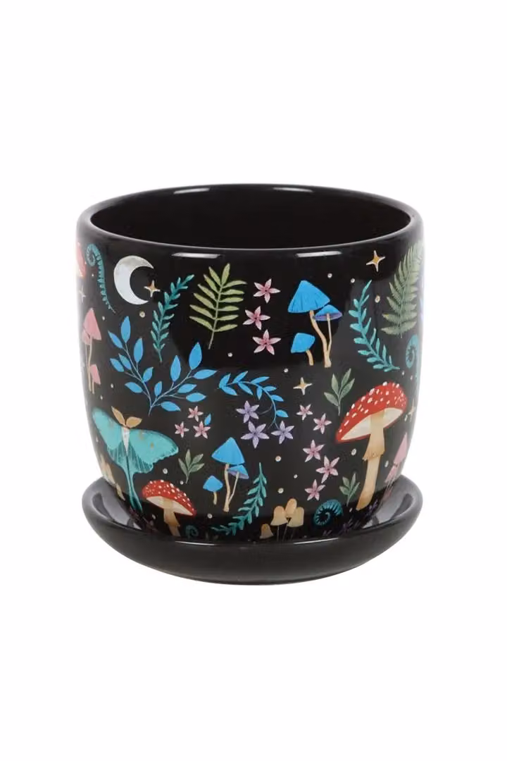KDMD Dark Forest Print Ceramic Plant Pot with Saucer in Black – 2