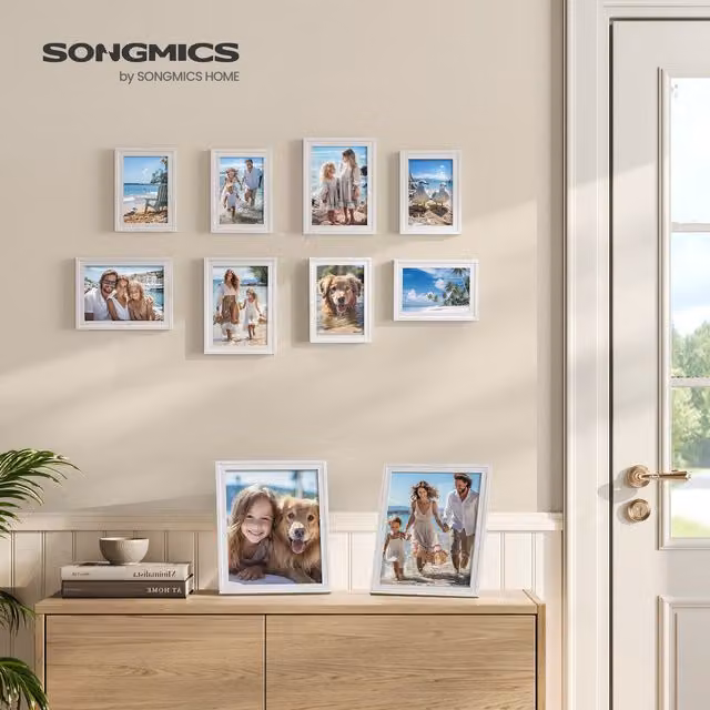 SONGMICS Pack of 10 Vintage Rectangular Single Photo Frames in White with Wood and Glass