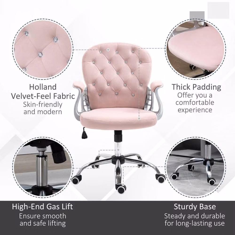 NESTLUNE Pink Velvet Ergonomic Swivel Office Chair with Diamond Tufted Upholstery – 2
