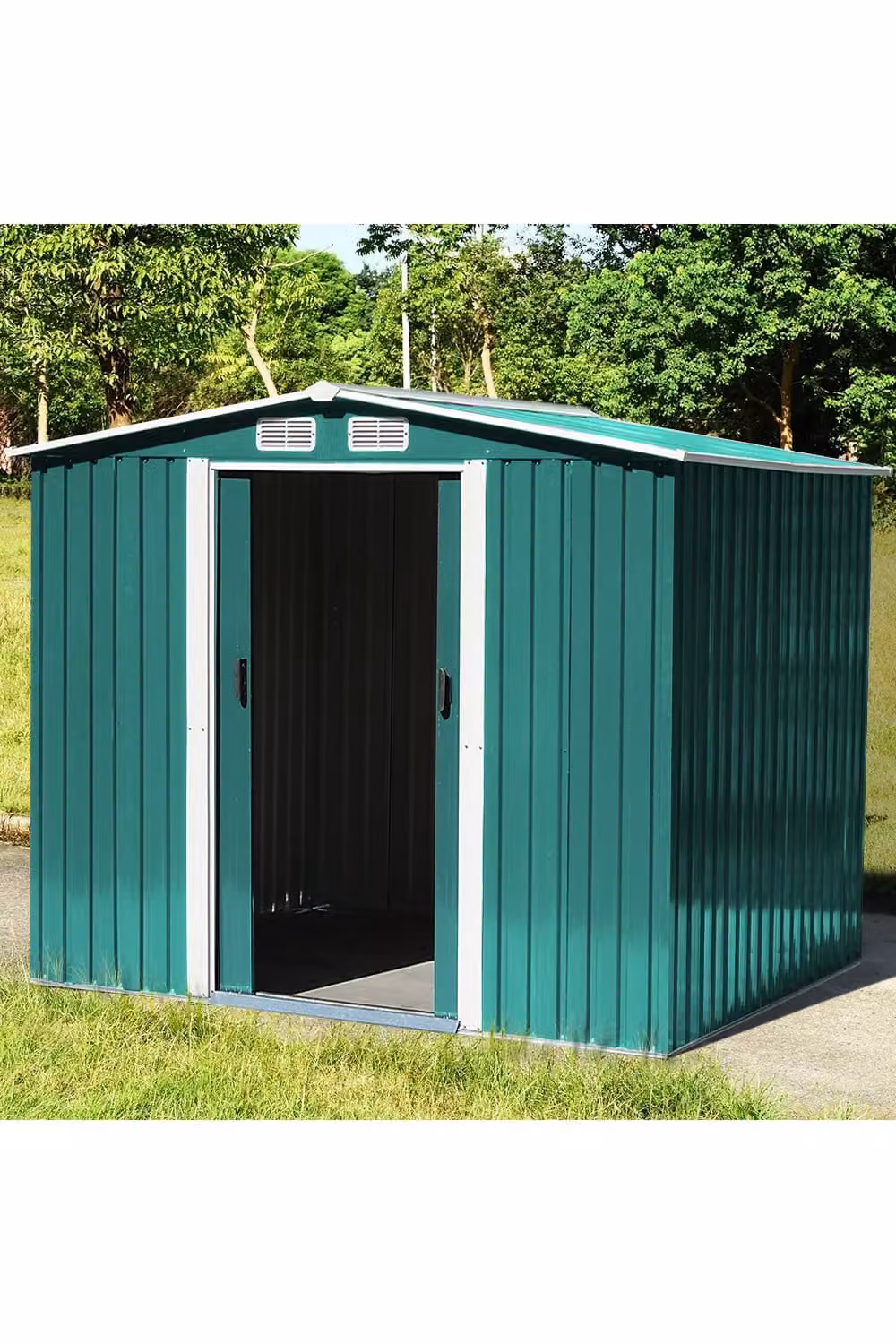 Living and Home Metal Garden Storage Shed with Apex Roof, Double Doors and Base Foundation, Dark Green, W: 243.84 cm, D: 182.88 cm, H: 182.88 cm – 3