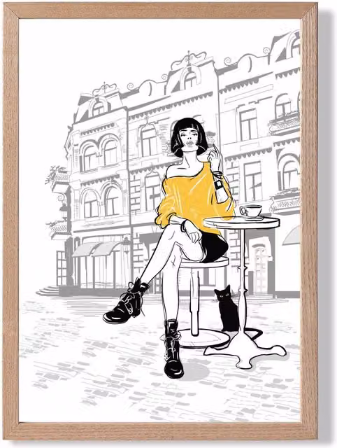 ARTZE Paris Café with Cat Style and Fashion Sketch Framed Print, Yellow Oak Frame, A2