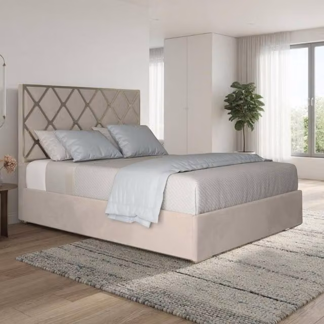 KDMD Tredington Super King Designer Bed Frame, Upholstered Soft Velvet and Metal in Beige