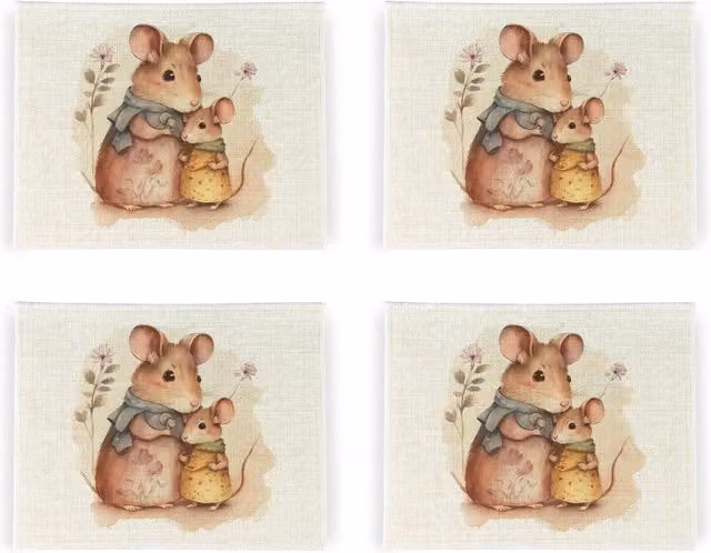 Purely Home Set of 4 White Graphic Mouse Linen Square Placemats