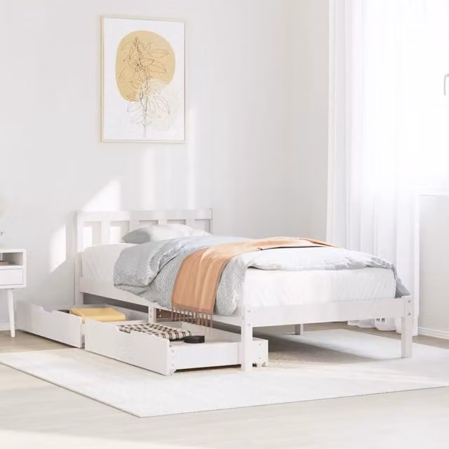 Berkfield Home White Solid Pine Bed Frame with Drawers W/D/H: 100 x 200 cm